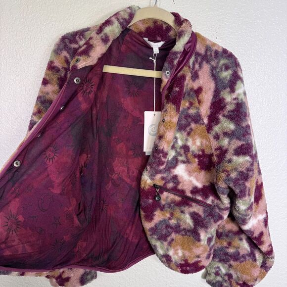 Calme Jacket Womens Small Fleece Bomber Watercolor Floral Boho Cosmic Lined Coat - Picture 4 of 12